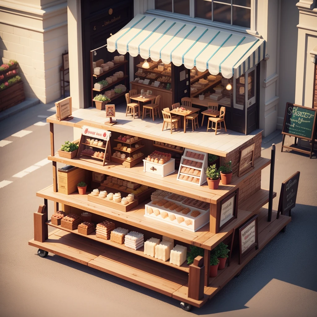 Lovely cake shop,There are cake signs and roadside tables and chairs, Isometric Art, 3D Isometric, Isometric pixel art,Isometric style