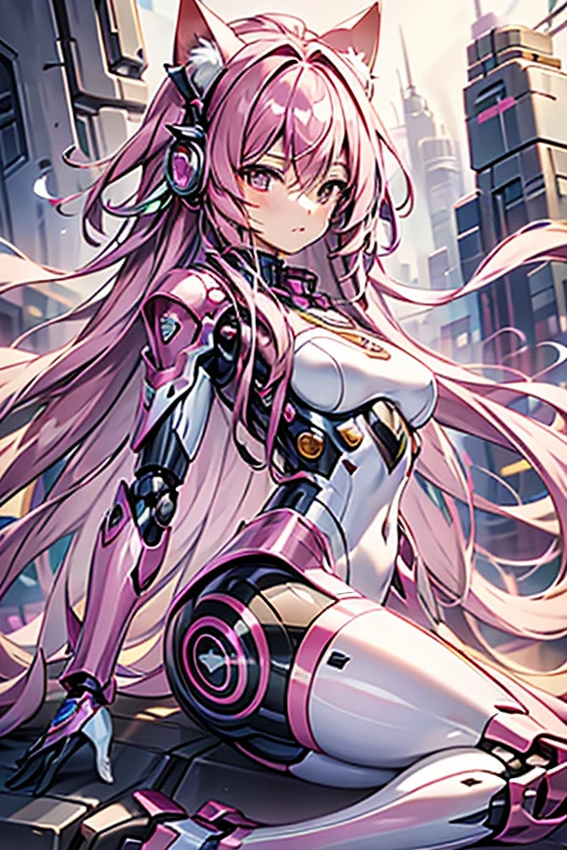 Masterpiece, best quality, Highly detailed face, highly detailed background, perfect light, Japanese, very long hair, pink hair, tight outfit, tight armor, robot outfit, white outfit with pink stripes, cyber outfit, lightning all around, white stockings, pink shoes, cat ears, , flat chest, legs raised, sitting on top of a pole.