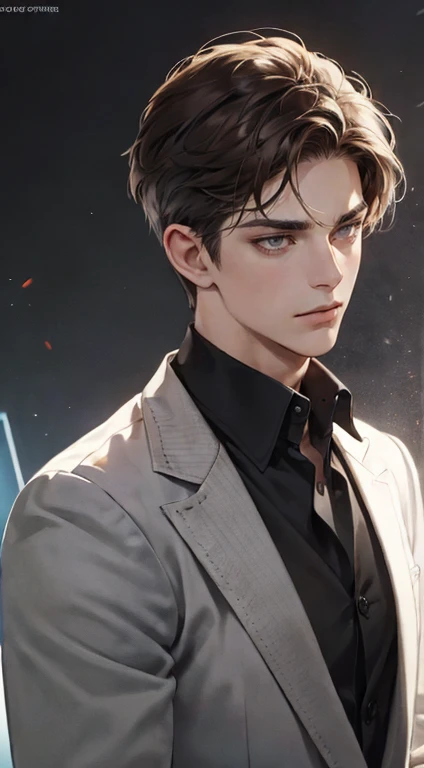masutepiece, Best Quality, Realistic, 1man, matured male, Quiet and charming young man, 25 years old, closing eye, Serious look, extra detailed face, ((dark grey eyes)), ((Short right sweep dark brown hair)), [Thick eyebrows], detective, Plain background, ((Suit)), Cinematic lighting, gaze at the audience, Postural dynamics