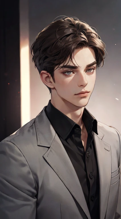 masutepiece, Best Quality, Realistic, 1man, matured male, Quiet and charming young man, 25 years old, closing eye, Serious look, extra detailed face, ((dark grey eyes)), ((Short right sweep dark brown hair)), [Thick eyebrows], detective, Plain background, ((Suit)), Cinematic lighting, gaze at the audience, Postural dynamics