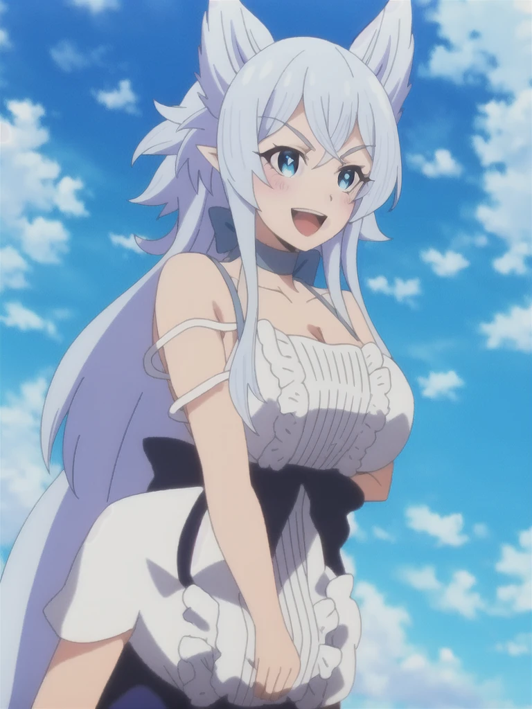 sysdeep_fenrys, 1girl, solo, long_hair, breasts, blush, smile, open_mouth, bangs, blue_eyes, large_breasts, dress, cleavage, collarbone, upper_body, white_hair, :d, sidelocks, outdoors, frills, sky, choker, day, pointy_ears, cloud, white_dress, arms_up, blue_sky, v-shaped_eyebrows, anime_coloring