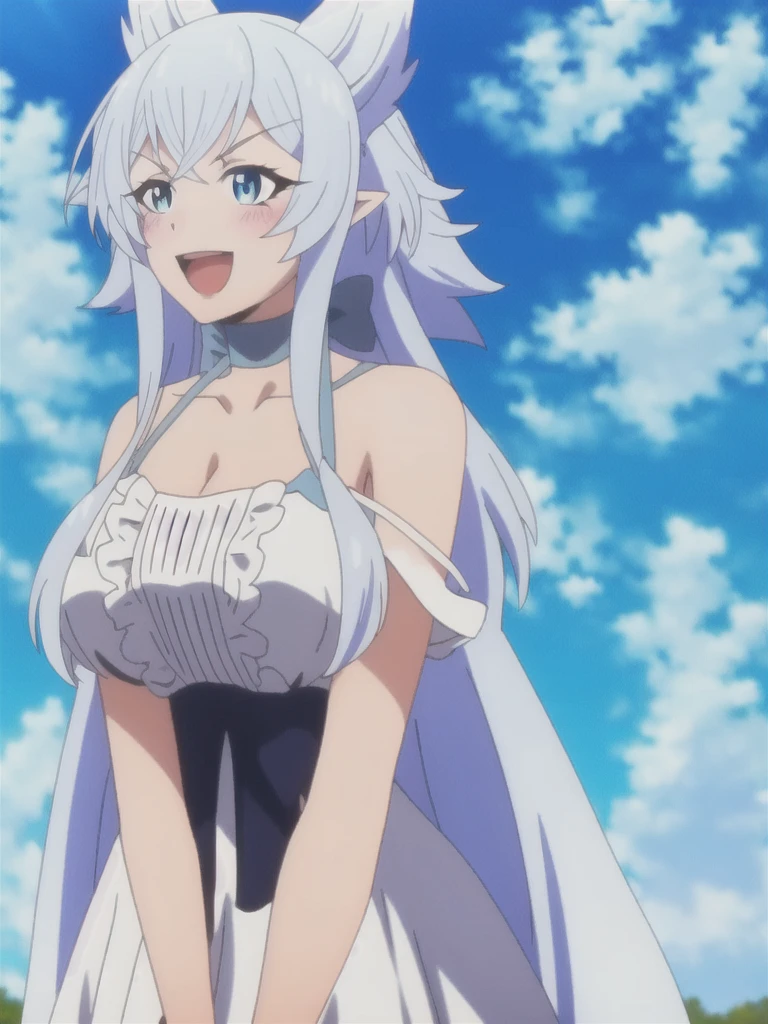 sysdeep_fenrys, 1girl, solo, long_hair, breasts, blush, smile, open_mouth, bangs, blue_eyes, large_breasts, dress, cleavage, collarbone, upper_body, white_hair, :d, sidelocks, outdoors, frills, sky, choker, day, pointy_ears, cloud, white_dress, arms_up, blue_sky, v-shaped_eyebrows, anime_coloring