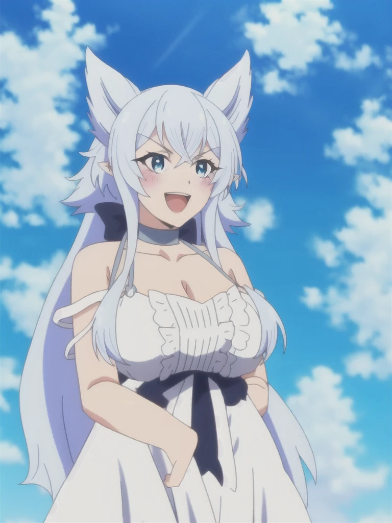 sysdeep_fenrys, 1girl, solo, long_hair, breasts, blush, smile, open_mouth, bangs, blue_eyes, large_breasts, dress, cleavage, collarbone, upper_body, white_hair, :d, sidelocks, outdoors, frills, sky, choker, day, pointy_ears, cloud, white_dress, arms_up, blue_sky, v-shaped_eyebrows, anime_coloring