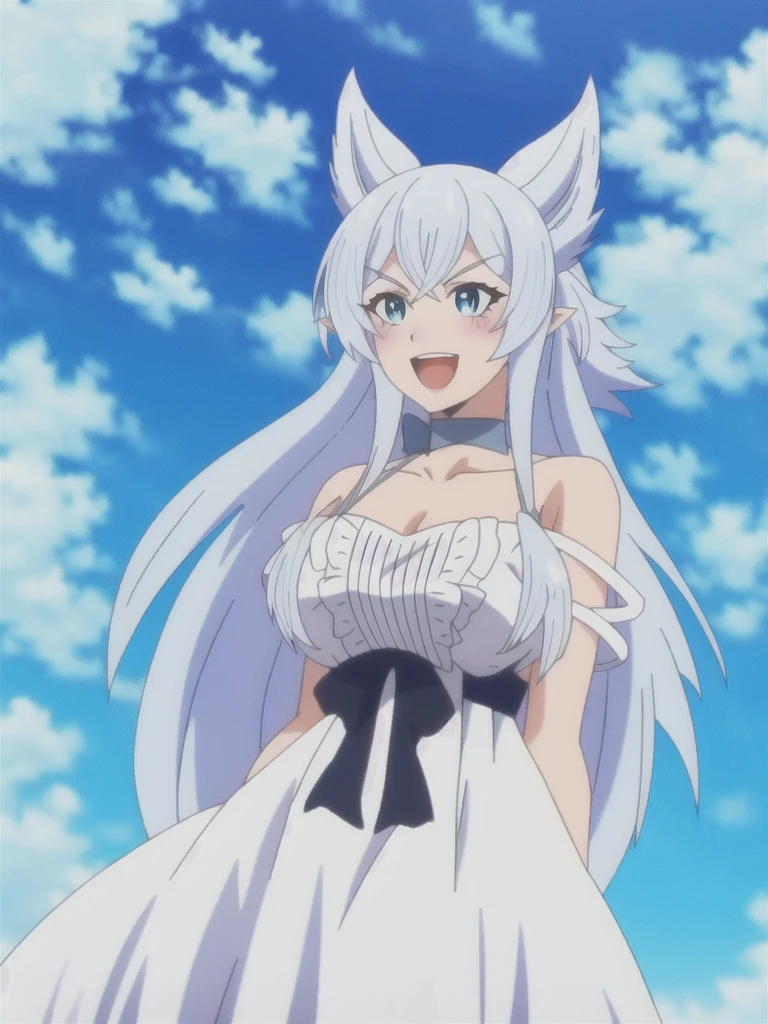 sysdeep_fenrys, 1girl, solo, long_hair, breasts, blush, smile, open_mouth, bangs, blue_eyes, large_breasts, dress, cleavage, collarbone, upper_body, white_hair, :d, sidelocks, outdoors, frills, sky, choker, day, pointy_ears, cloud, white_dress, arms_up, blue_sky, v-shaped_eyebrows, anime_coloring