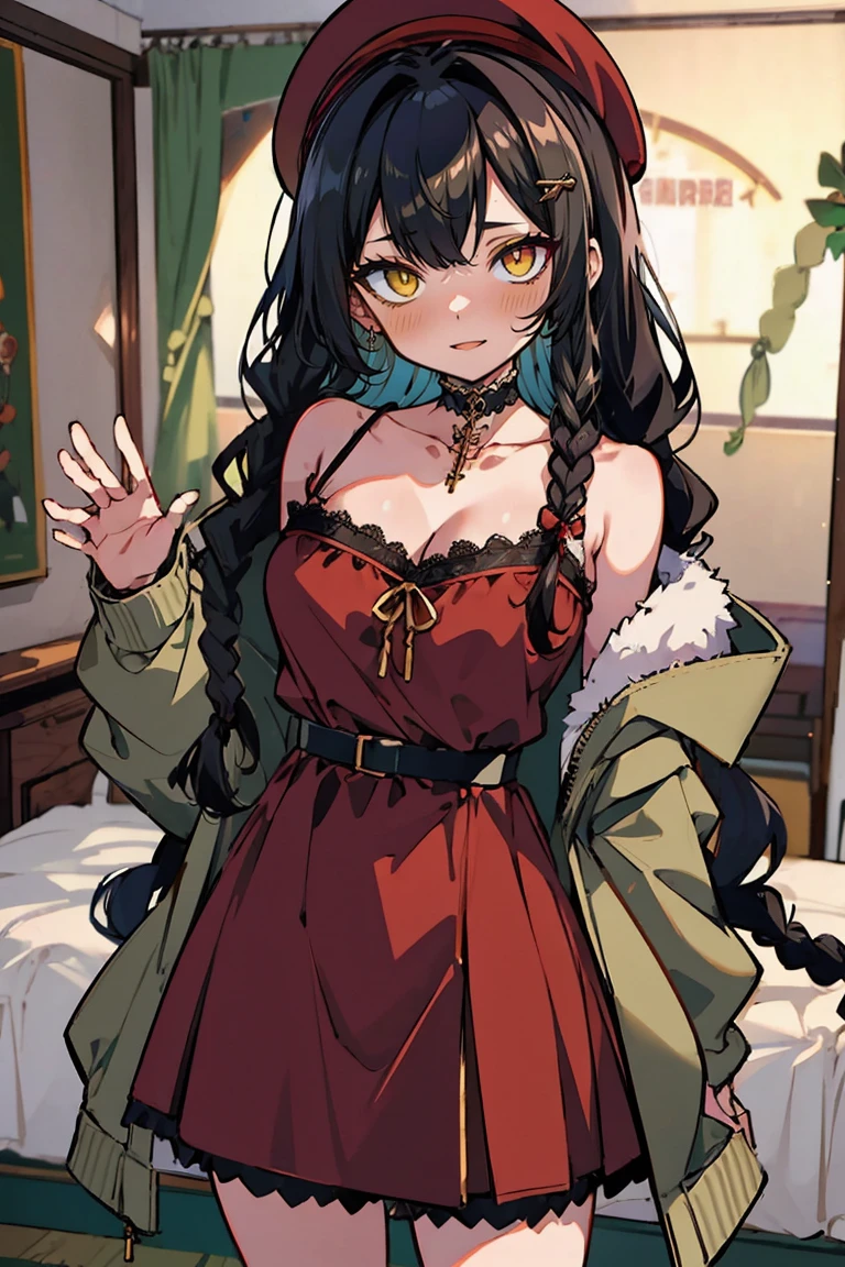 (masterpiece:1.2), (high quality:1.2), hui xiyi, rekkyo sensen, rekkyou sensen, girls with((1girl, solo, black hair, (wavy long hair, right swept bangs, wearing a red millitary beret, braids, hairclips:1.55), blush, breasts, choker, cleavage, coat, cowboy shot, blue lace dress, blue clothes, camisole, ribbon waist belt, collar, collarbone, rosary, rosary choker, cross, fur, fur trim, parka, khaki hoodie, green hoodie, hood down, hooded coat, hooded jacket, hoodie, jacket, large breasts, long sleeves, medium breasts, open clothes, open coat,open hoodie, sleeveless, winter clothes, zipper, cleavage, upper body, hand up, waving, palm)), background with((bedroom, room:2.0))