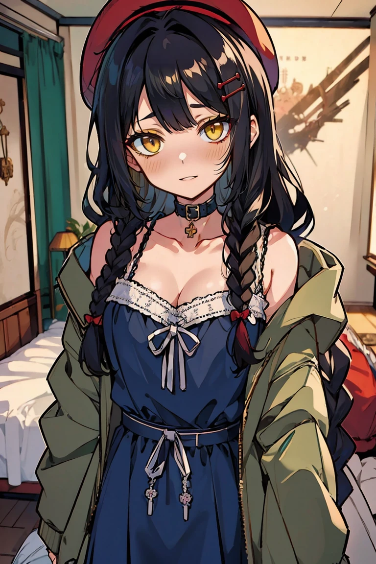 (masterpiece:1.2), (high quality:1.2), hui xiyi, rekkyo sensen, rekkyou sensen, girls with((1girl, solo, black hair, (wavy long hair, right swept bangs, wearing a red millitary beret, braids, hairclips:1.55), blush, breasts, choker, cleavage, coat, cowboy shot, blue lace dress, blue clothes, camisole, ribbon waist belt, collar, collarbone, rosary, rosary choker, cross, fur, fur trim, parka, khaki hoodie, green hoodie, hood down, hooded coat, hooded jacket, hoodie, jacket, large breasts, long sleeves, medium breasts, open clothes, open coat,open hoodie, sleeveless, winter clothes, zipper, cleavage, upper body, hand up, waving, palm)), background with((bedroom, room:2.0))