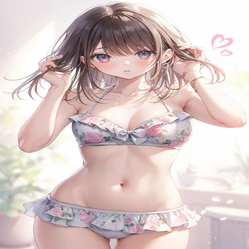 fullbody, (1girl:1.5), big eyes, the pinnacle of anime illustrations, moe style illustration, the best of the best, masterpiece, ultra-detailed, master piece, extremely detailed, high resolution, Haruba Negi style, curious eyes, glossy, plump lips, shiny hair, girl, medium bust, brown hair, changing time in the morning, semi-long straight hair, diamond eyes, captivating eye color, pink lips, pink and light blue floral print, illustrator Momoko style, turning around to show her back, pushing her hair up with both hands, swimsuit