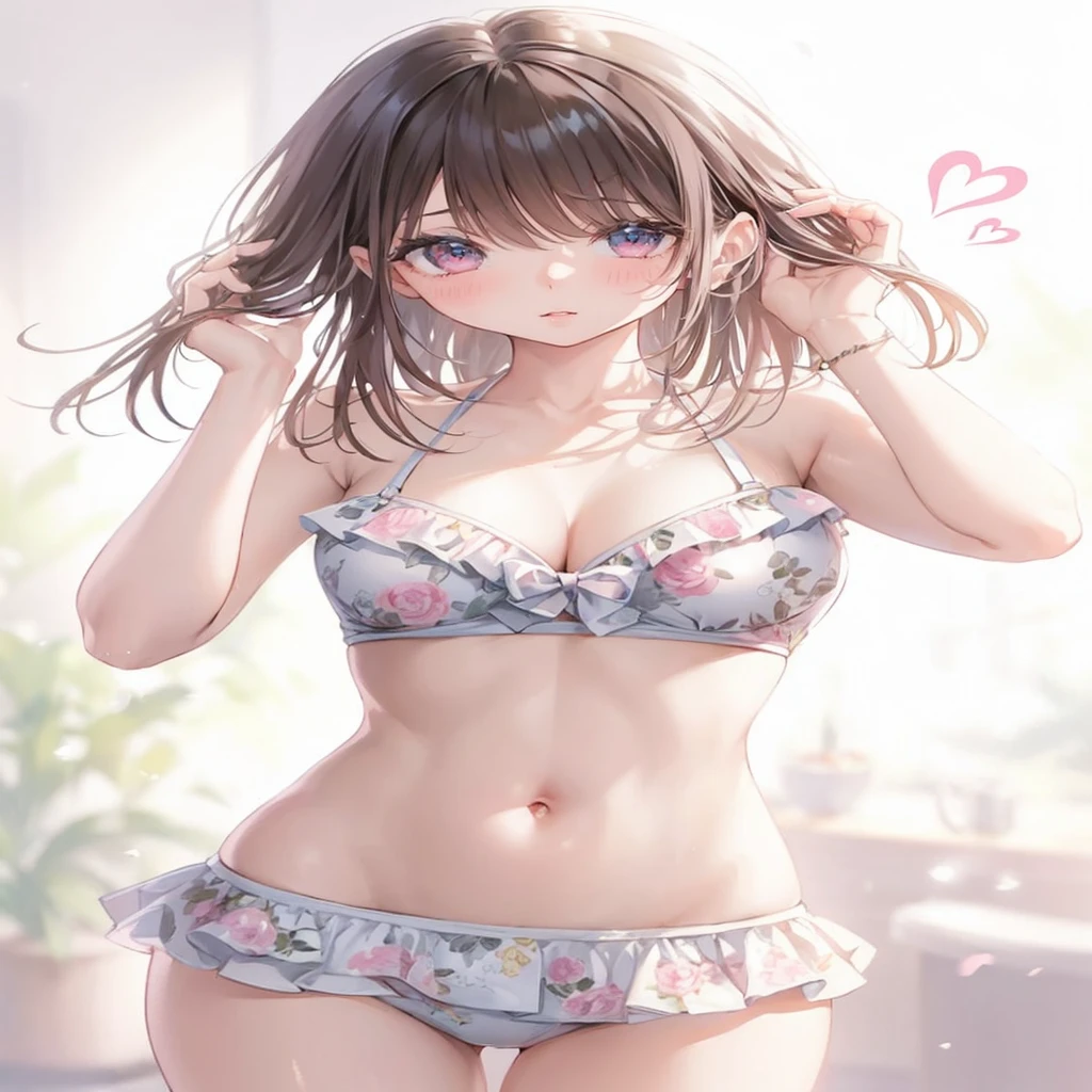 fullbody, (1girl:1.5), big eyes, the pinnacle of anime illustrations, moe style illustration, the best of the best, masterpiece, ultra-detailed, master piece, extremely detailed, high resolution, Haruba Negi style, curious eyes, glossy, plump lips, shiny hair, girl, medium bust, brown hair, changing time in the morning, semi-long straight hair, diamond eyes, captivating eye color, pink lips, pink and light blue floral print, illustrator Momoko style, turning around to show her back, pushing her hair up with both hands, swimsuit