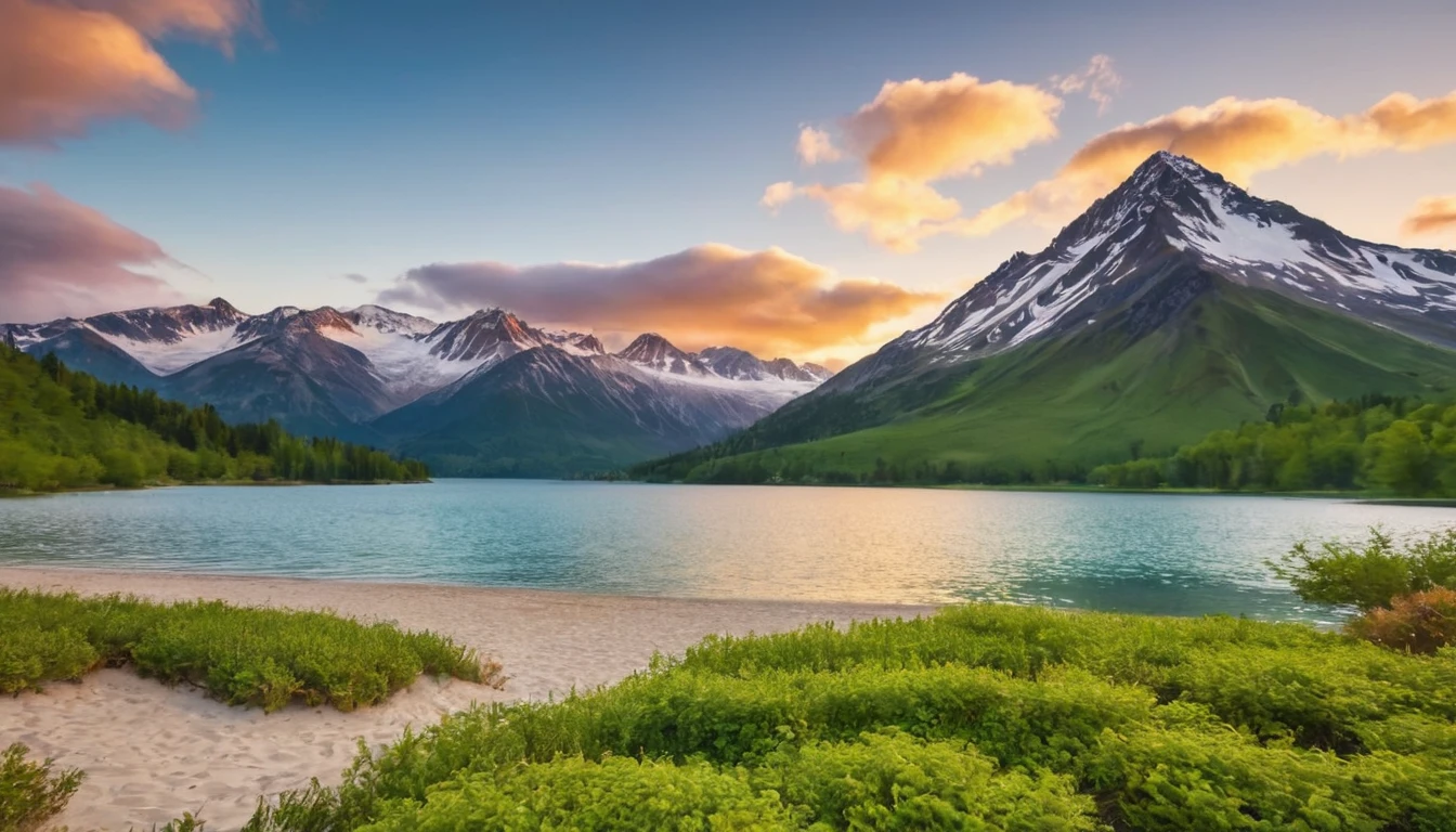 Stunning natural landscapes such as snow-capped mountains, serene lakes surrounded by green mountains, or a sunset over a sandy beach. Perfect for nature inspiration and freshness.