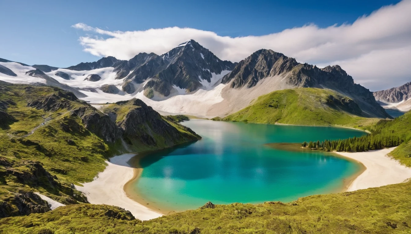 Stunning natural landscapes such as snow-capped mountains, serene lakes surrounded by green mountains, or a sunset over a sandy beach. Perfect for nature inspiration and freshness.