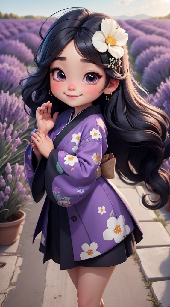 Create a baby chibi version of the Alice character in an 8K resolution. As a coloring book, the color should be black and white, the border should be simple, with the same line thickness, clear, and bold. A beautiful Asian girl with long, flowing black hair adorned with a delicate [lavender hair ornament] is strolling through the picturesque [lavender fields] of Furano, Hokkaido. She is wearing a stunning [kimono with lavender pattern], the vibrant purple colors contrasting with the vast expanse of blooming lavender. The girl's expression exudes a sense of tranquility and joy as she immerses herself in the beauty of the fragrant flowers, It's sunny, Detailed eyes, clear outlines, kawaii pose, A smile, Raise your right hand, Eye Up, Laugh, radiant light, Taken from the side. She should look adorable and cute. Give him a smiling expression and a sweet smile on his face, capturing the essence of the character in a delicate and charming way.