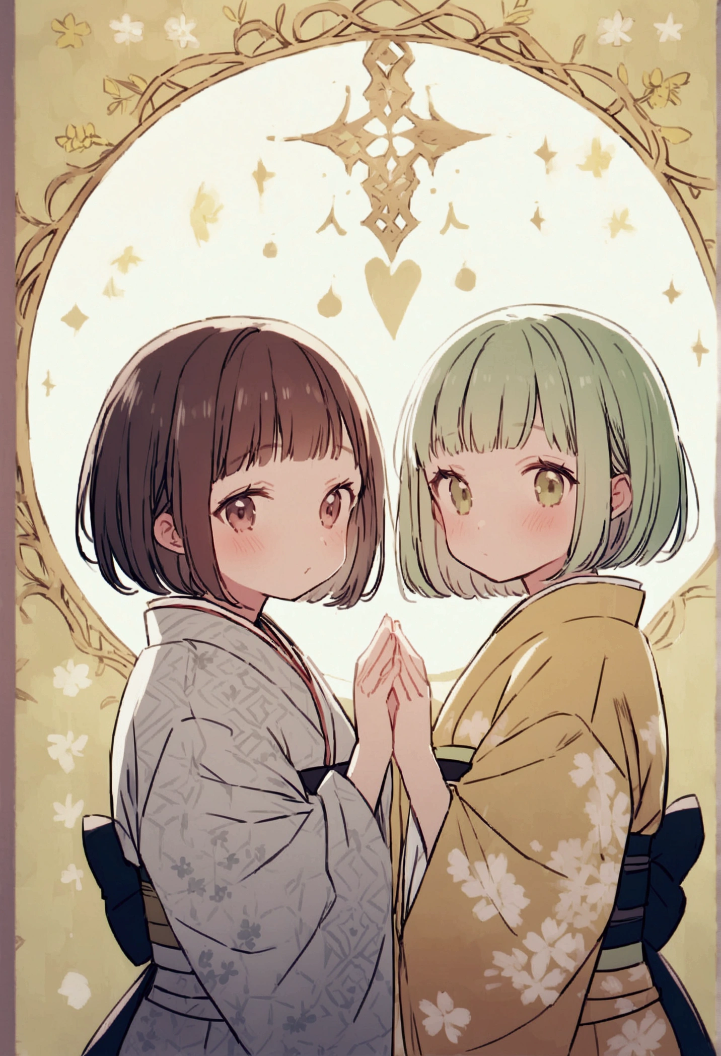 Mustard color、Light green、ecru、Cherry-blossom coris color、A kimono with a highly detailed pattern in muted colors、Annuita、Put your hand over your mouth、Tsundere