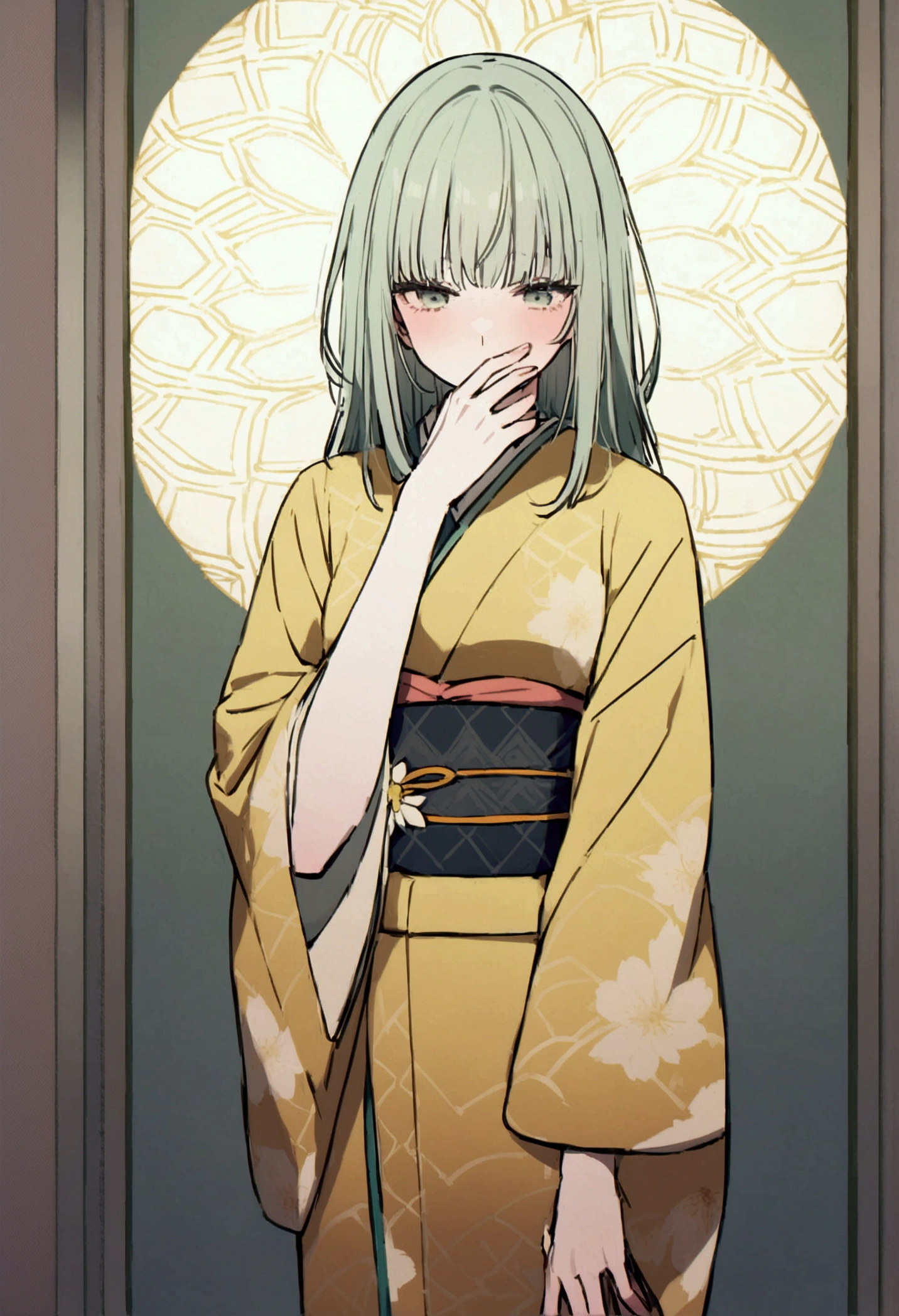 Mustard color、Light green、ecru、Cherry-blossom coris color、A kimono with a highly detailed pattern in muted colors、Annuita、Put your hand over your mouth、Tsundere