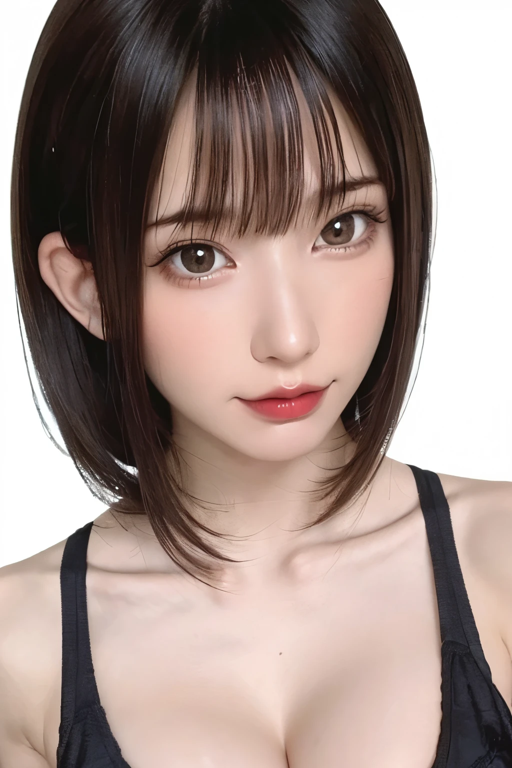 ((masterpiece, Highest quality, High resolution、Everything is beautifully detailed)), 1 girl, (Realistic: 1.4), alone, White Background, snow-White Background, Mouth closed, smile, smile, Beautiful black hair, short hair, Big eyes, Transparent double eyelids, eyelash, Listen carefully, Long neck, 美しくLong neck, Absolute area, ((Face close-up)), (Draw the whole head, shoulder), 19 years old, Attractive proportions, Glowing Skin, Beautiful clavicle, Golden ratio face, Perfect Face, Teardrop-shaped mole, chestのほくろ, bangs, clean bangs, beautiful bangs, Lip gloss, Thin lips, Fair skin, naked, Big Breasts, {huge|big|hugeな|Mega} chest, chestの谷間,Small face, Small face, All the heads are painted, shoulder all drawn, Point slightly above the camera
