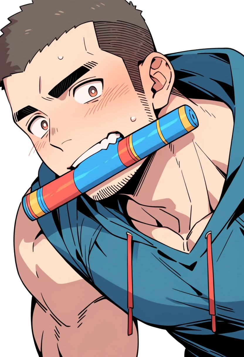 anime characters:Priapus, Muscle Sports Student, Buzz Cut, Manliness, male focus, Sports tight hooded sweatshirt, Very tight, full and perky chest muscles, muscular male, muscular, only, Upper body, alone, Black short hair, Thick eyebrows, stubble, Brown-red pupils, White background, simple background, amazing quality, best aesthetics, Ridiculous, crew cut, blush, mouth hold, Biting white boxer briefs, embarrassed, shy, endured face, negative space, best quality