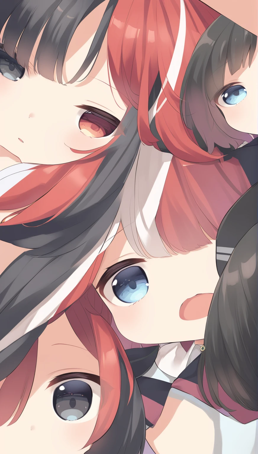 Black bob cut with one red hair stripe、Only the hair above the left eye is black、Otherwise it is red