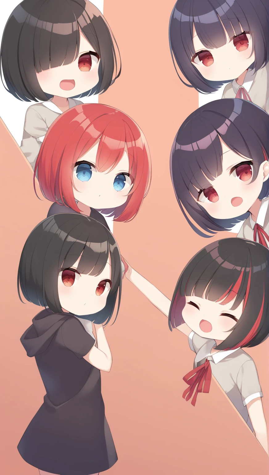 Black bob cut with one red hair stripe、Only the hair above the left eye is black、Otherwise it is red