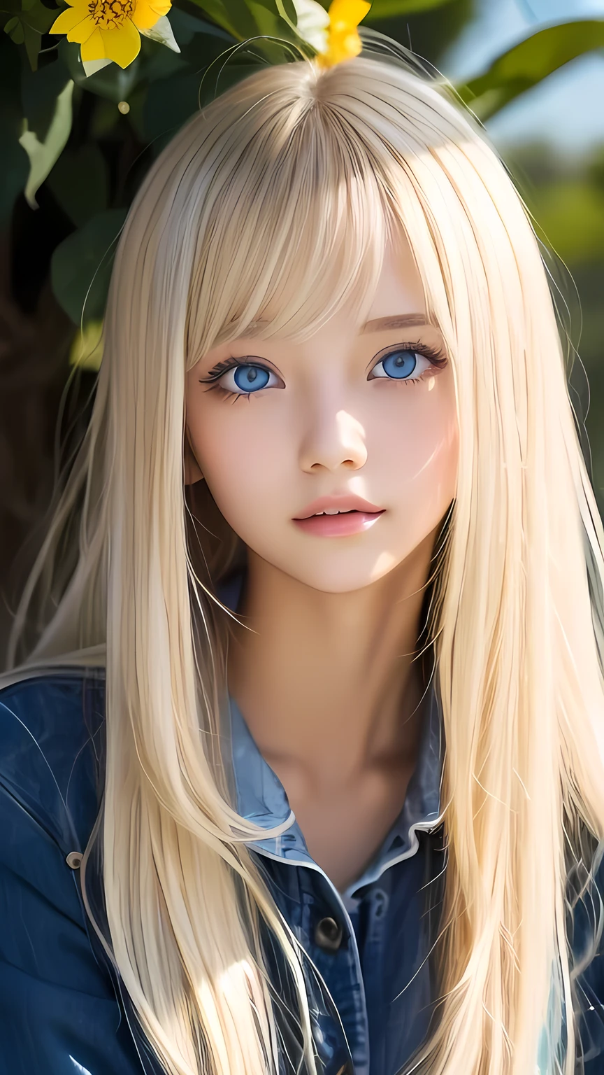 Very beautiful face、A beautiful blonde girl with a stunning beauty、Super Long Hair、windy silky blonde super long hair、Strange blonde colour、Swinging bangs that block the view、Cute sexy 16 year old blonde girl with light blue eyes、Hair above the eyes、片Hair above the eyes、Hair between the eyes、Big bright light blue eyes that shine so beautifully、eyeliner、Bright expression、Cheek gloss highlighter、Round face