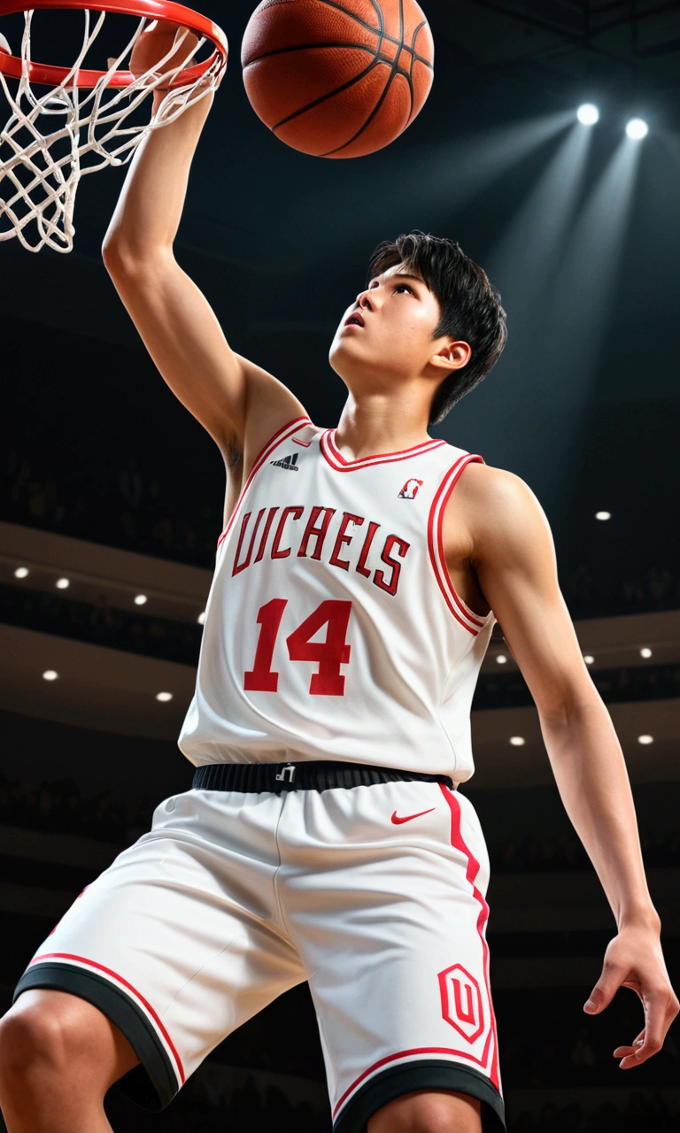 1boy, Shohei Ohtani, basketball player, dunk shoot, from below, cinematic angle, audience well up, detailed facial features, realistic, hyper-realistic, photorealistic, (best quality,4k,8k,highres,masterpiece:1.2),ultra-detailed,(realistic,photorealistic,photo-realistic:1.37),studio lighting,vivid colors,dramatic lighting,