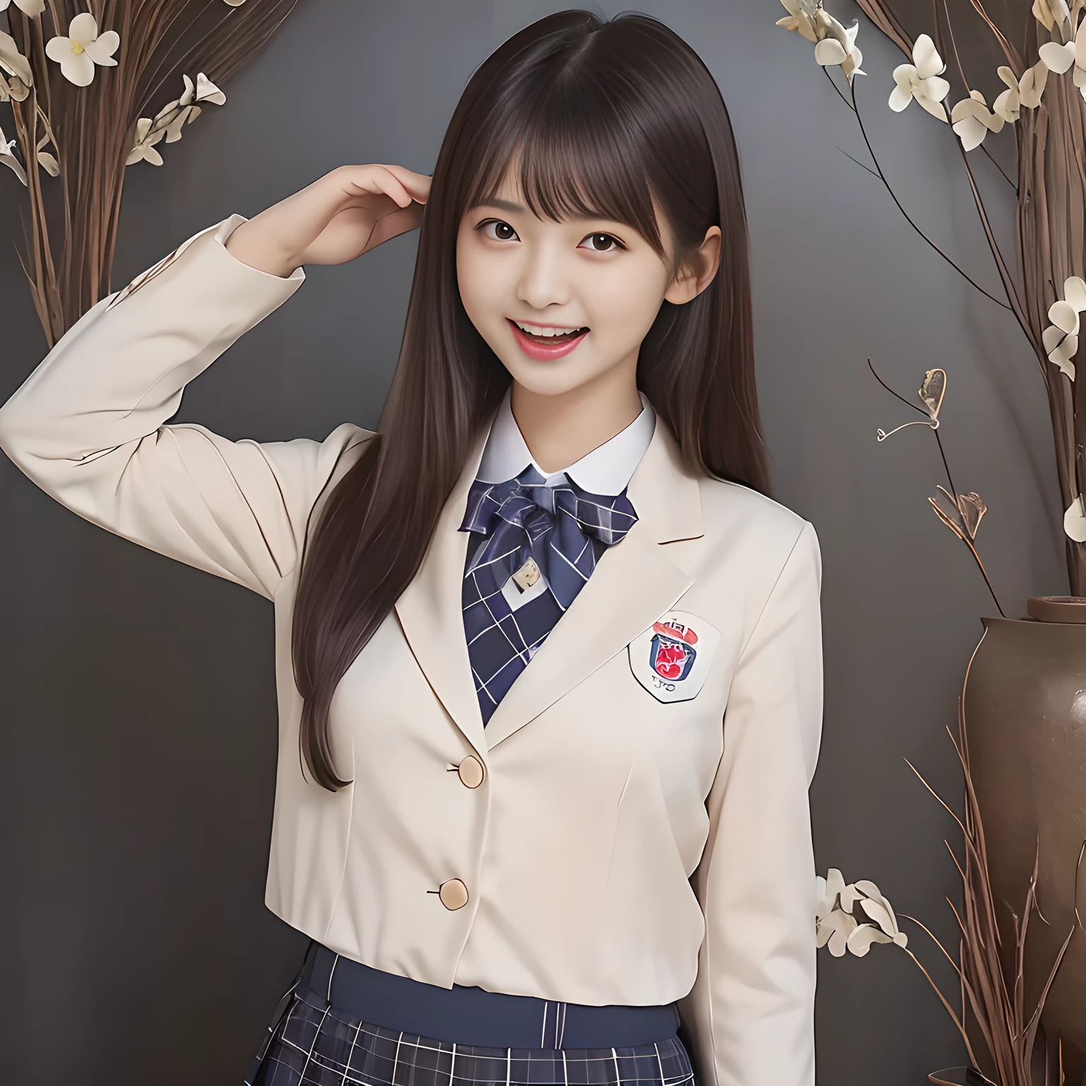 (Highest quality, masterpiece:1.2), Highest quality, High resolution, 1080P, 8k, height: 165cm, ((A noble and intelligent succubus who looks like a best proportion Japanese young lady is magically hypnotizing the viewer)), ((So sweet, very noble, cute and pretty Japanese beautiful cute girl)), ((A real, very girly, sweet, cute and noble girl)), ((((A beautiful Japanese cute fashion model)))), ((((Very pure white face and limbs)))), Glossy Lips, (Evenly cut bangs), ((Very beautiful, droopy, cute, pure, noble brown eyes)), ((Super long, straight black hair that reaches the floor)), (Very shiny, glossy Lips), ((Beautiful straight hair like a hair model)), Watch at you, ((Incredibly well organized, Rich facial expressions)), ((Plump and beautiful white skin and face)), ((Pure, clear, gentle brown eyes)), ((staring at me)), Glossy Lips, ((noble and elegant)), ((As the succubus charms you with her magic and giggles)), ((((Succubus is fascinating, calling to the depths of eternity)))), Very beautiful blue skirt, ((Large upward-curving lips)), ((Look directly at the viewer)), White Hand, (((Navy Japanese school blazer with noble emblem))), ((Navy and sapphire blue Japanese school uniform)), ((Tartan check pattern pleated long skirt)), ((Blue string ribbon tie)), ((((An ecstatic expression of boundless joy)))), ((fantastical white garden background)), ((Evilly moving tongue)), (((Promotional image of shampoo and hair conditioner)))