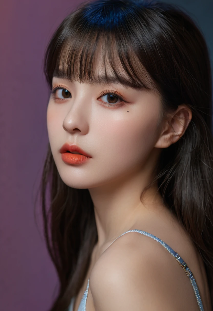 8K, best quality, 1 Girl, (Skin Indentation), night, (dark), Indoor clear background, (people), Beautiful bangs, Gorgeous,, (Clothing and:1.3),Soft lighting, attractive, dark Room, (mouth close:1.2, beautiful eyes, Delicate eyes, Detailed iris, Beautiful lips, Beautiful nose, Pretty Face),(primary color:1.5)