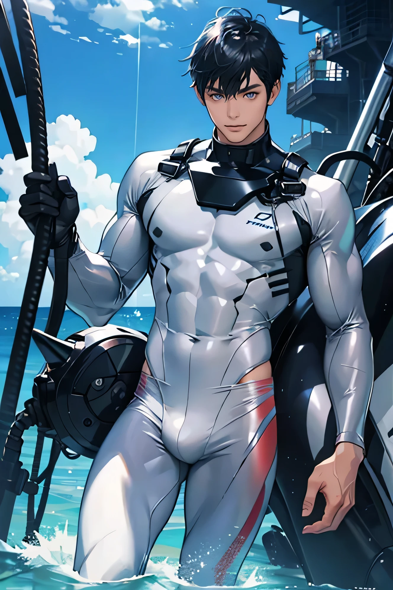 Handsome Japanese male models Short cut Slim figure barefoot smile looking at the camera soaked Ocean Tight chrome-plated rubber suit Bulge Close-up