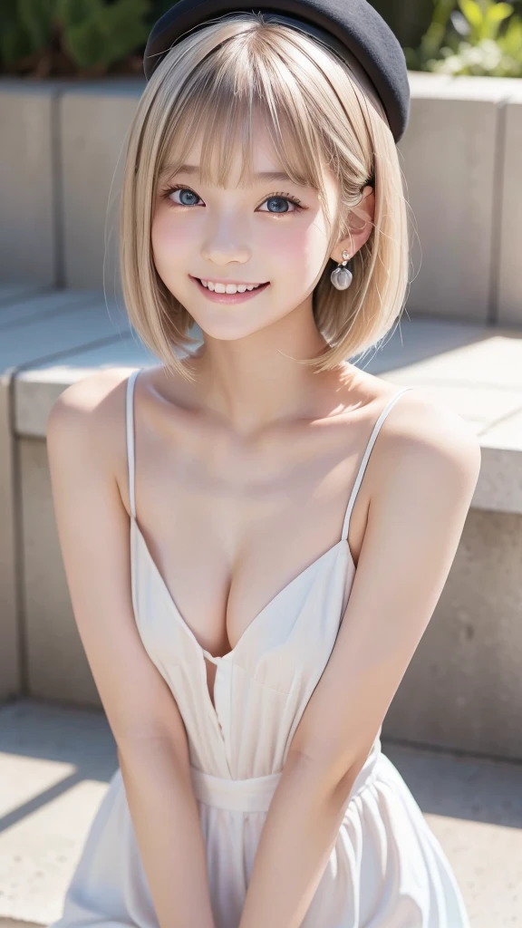 1girl, , Famous idol, 1cute girl, very young face, detailed face, cute face, master piece , best quality , woman , bowler hat , bangs , smile , outdoor, Shiny platinum blonde silky super short hair, side locks, beautiful shiny bangs, big clear sky blue eyes, very beautiful light eye highlights, earrings, ((full nude1.8)),