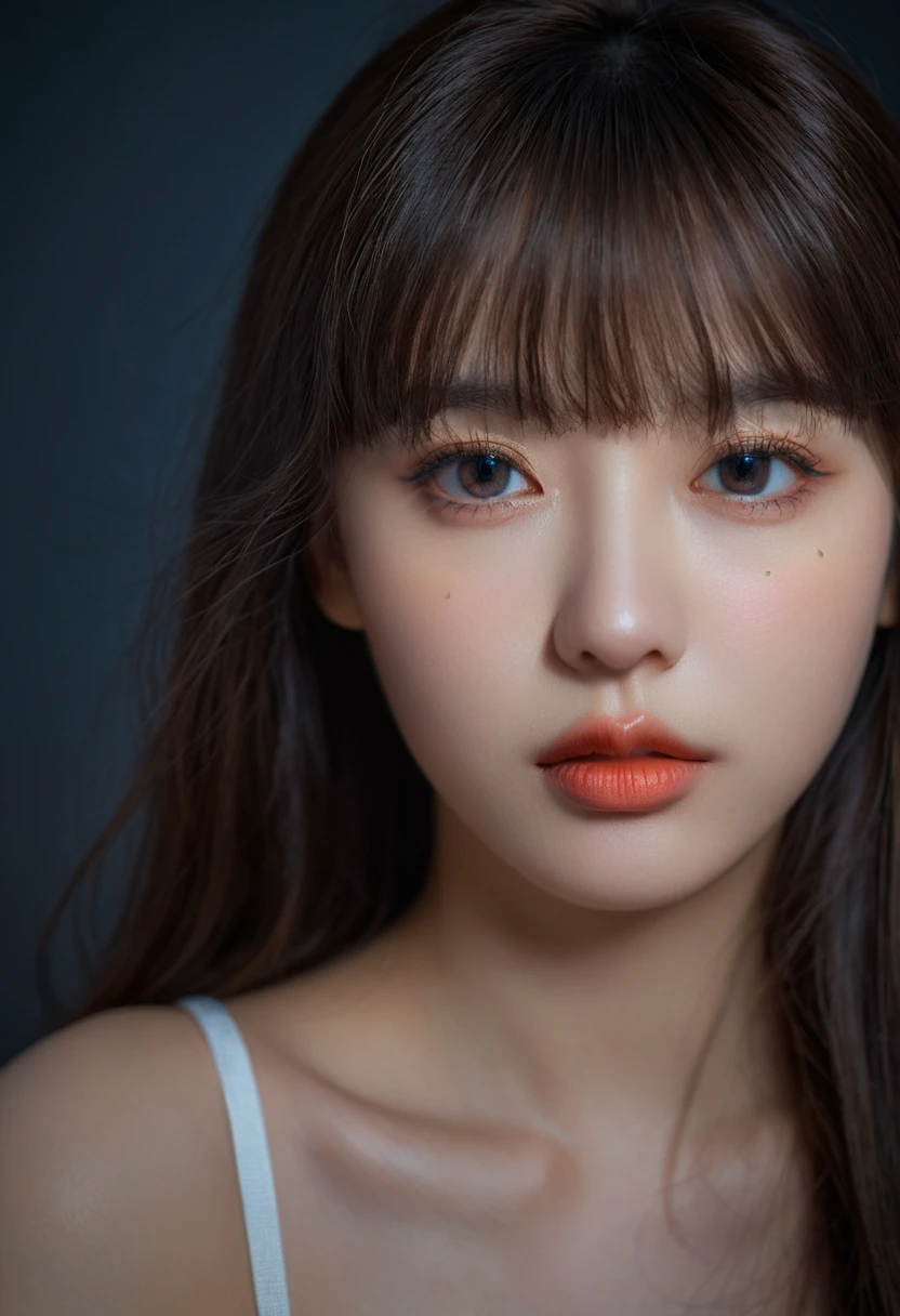 8K, best quality, 1 Girl, (Skin Indentation), night, (dark), Indoor clear background, (people), Beautiful bangs, Gorgeous,, (Clothing and:1.3),Soft lighting, attractive, dark Room, (mouth close:1.2, beautiful eyes, Delicate eyes, Detailed iris, Beautiful lips, Beautiful nose, Pretty Face),(primary color:1.5)