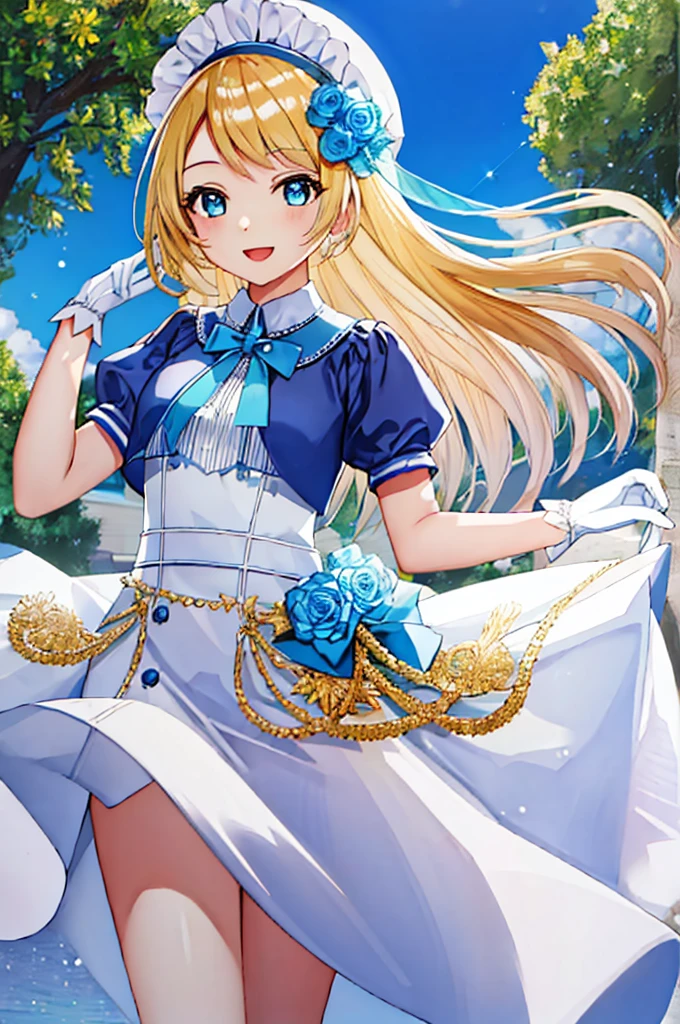 (masterpiece, Highest quality, detailed:1.3),(photograph:1.3), HD transparent background, High detail,cute,One Girl, cute表情, smile,、Sparkling eyes、hat、gloves、dance、Outdoor、flower、blue sky、summer、Diverse backgrounds