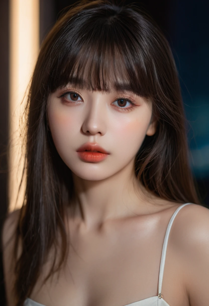 8K, best quality, 1 Girl, (Skin Indentation), night, (dark), Indoor clear background, (people), Beautiful bangs, Gorgeous,, (Clothing and:1.3),Soft lighting, attractive, dark Room, (mouth close:1.2, beautiful eyes, Delicate eyes, Detailed iris, Beautiful lips, Beautiful nose, Pretty Face),(primary color:1.5)