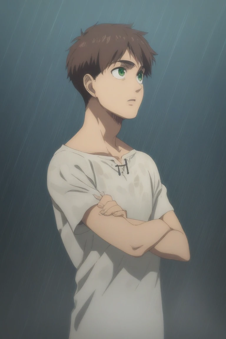 score_9, score_8_up, score_7_up, source_anime, rating_safe, , masterpiece, best quality, youle, 1boy, male focus, solo, brown hair, green eyes, standing, straight-on, upper body, (looking up), wet, looking at sky, thinking, t-shirt, rain, dark, fog