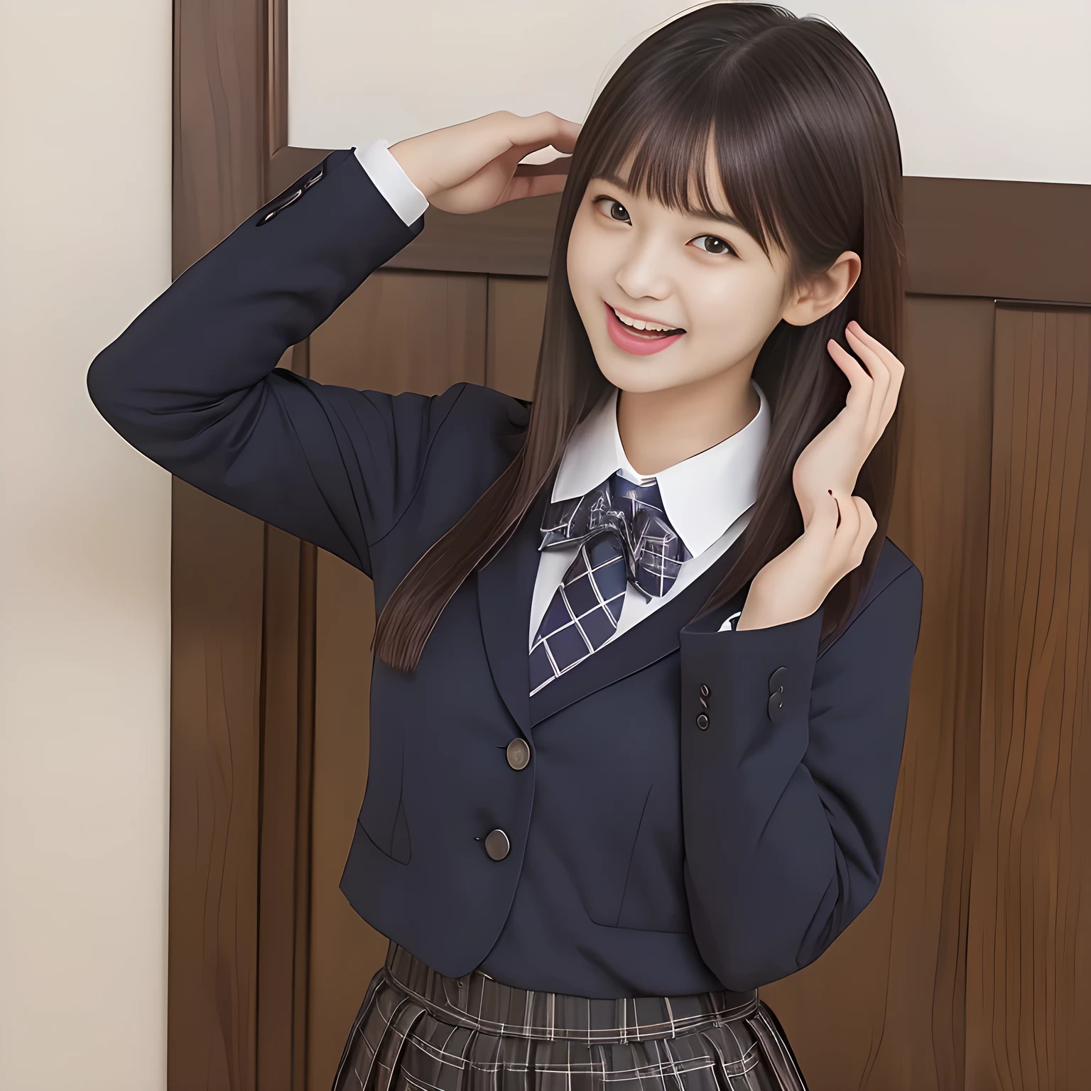 (Highest quality, masterpiece:1.2), Highest quality, High resolution, 1080P, 8k, height: 165cm, ((A noble and intelligent succubus who looks like a best proportion Japanese young lady is magically hypnotizing the viewer)), ((So sweet, very noble, cute and pretty Japanese beautiful cute girl)), ((A real, very girly, sweet, cute and noble girl)), ((((A beautiful Japanese cute fashion model)))), ((((Very pure white face and limbs)))), Glossy Lips, (Evenly cut bangs), ((Very beautiful, droopy, cute, pure, noble brown eyes)), ((Super long, straight black hair that reaches the floor)), (Very shiny, glossy Lips), ((Beautiful straight hair like a hair model)), Watch at you, ((Incredibly well organized, Rich facial expressions)), ((Plump and beautiful white skin and face)), ((Pure, clear, gentle brown eyes)), ((staring at me)), Glossy Lips, ((noble and elegant)), ((As the succubus charms you with her magic and giggles)), ((((Succubus is fascinating, calling to the depths of eternity)))), Very beautiful blue skirt, ((Large upward-curving lips)), ((Look directly at the viewer)), White Hand, (((Navy Japanese school blazer with noble emblem))), ((Navy and sapphire blue Japanese school uniform)), ((Tartan check pattern pleated long skirt)), ((Blue string ribbon tie)), ((((An ecstatic expression of boundless joy)))), ((fantastical white garden background)), ((Evilly moving tongue)), (((Promotional image of shampoo and hair conditioner)))