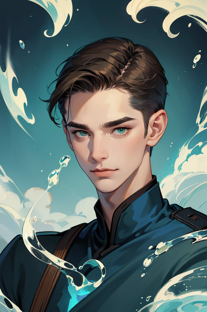 Portrait drawing, show the full head. deep Underwater man with short cut brown hair pulled back, green eyes and a hooked nose. He looks relaxed, his eyebrows are straight. He has a short mustache and goatee. He is wielding waterbending magic. The suroundings is dark blue sea waters, bubbles.