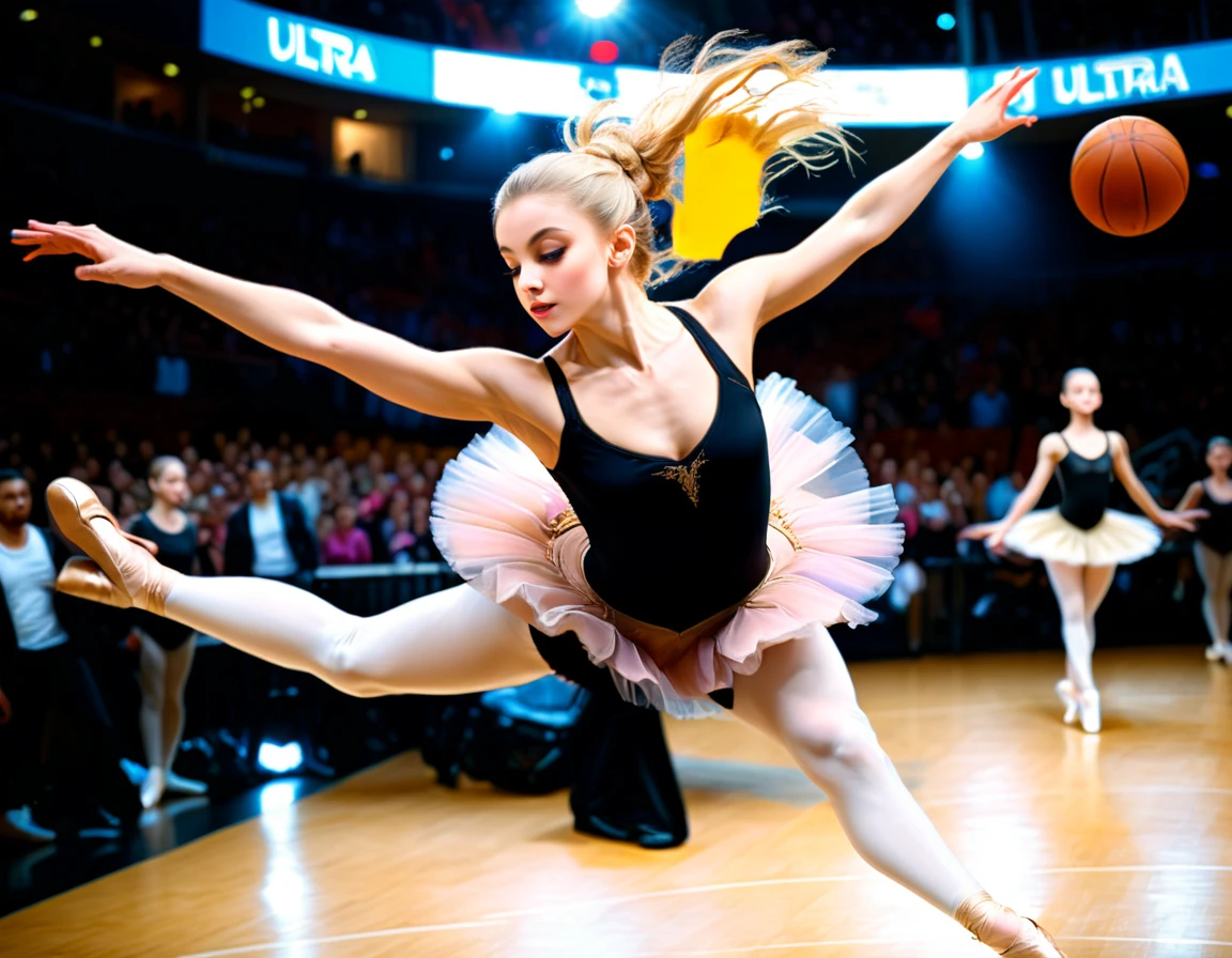Arafed a sports capture picture of a beautiful ((ballet dancer: 1.5)),  (dunking at a basketball game: 1.3) at a basketball game, an exotic beautiful ballet dancer, blond hair, long hair, dynamic eyes color, concentrated look, determined look, best detailed face, dynamic skin color, wearing ballet clothes and shoes, and dunking, ultra wide shot, photorealistic, vibrant, Ultra-high resolution, High Contrast, (masterpiece:1.5), highest quality, Best aesthetics), best details, best quality, highres, ultra wide angle, 16k, [ultra detailed], masterpiece, best quality, (extremely detailed),