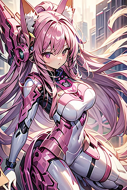 Masterpiece, best quality, Highly detailed face, highly detailed background, perfect light, Japanese, very long hair, pink hair, tight outfits, tight armor. White dress with pink pattern, cyber suit, lightning all around, white stockings, pink shoes, cat ears, , flat chest, legs raised, legs spread.