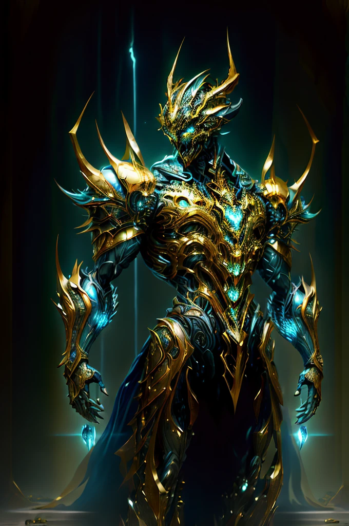 (masterpiece:1.2), best quality, high resolution, unity 8k wallpaper, (illustration:1.0), beautiful detailed, extremely detailed, perfect lighting, extremely detailed CG,glowing eyes,backlighting,armor, fake_horns, glowing, full_armor,warframe,humanoid_robot,horns, helmet,mask,sample_background,
looking at the viewer,solo,perspective, full body, dark magic, dazzling energy, voild, eyes of sky very noble, dragon concept armor, pillar of light, wearing a platinum robe, machanical hand, negative energy, sliver armor(the colour is gold), Embedded with blue gems, metallic, real texture material, prefect body proporions, golden ratio, symmetrical face, hero