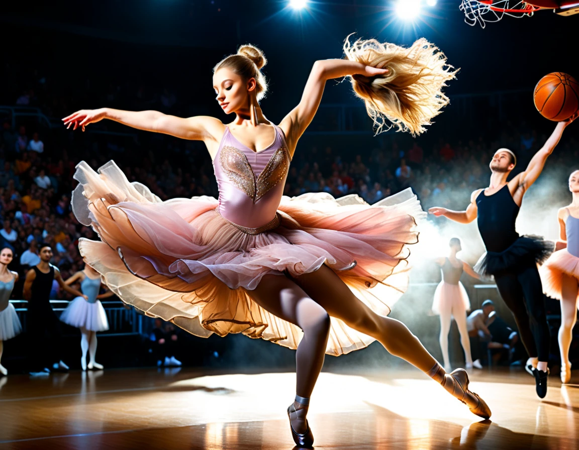 Arafed a sports capture picture of a beautiful ((ballet dancer: 1.5)),  (dunking at a basketball game: 1.3) at a basketball game, an exotic beautiful ballet dancer, blond hair, long hair, dynamic eyes color, concentrated look, determined look, best detailed face, dynamic skin color, wearing ballet clothes and shoes, and dunking, ultra wide shot, photorealistic, vibrant, Ultra-high resolution, High Contrast, (masterpiece:1.5), highest quality, Best aesthetics), best details, best quality, highres, ultra wide angle, 16k, [ultra detailed], masterpiece, best quality, (extremely detailed),