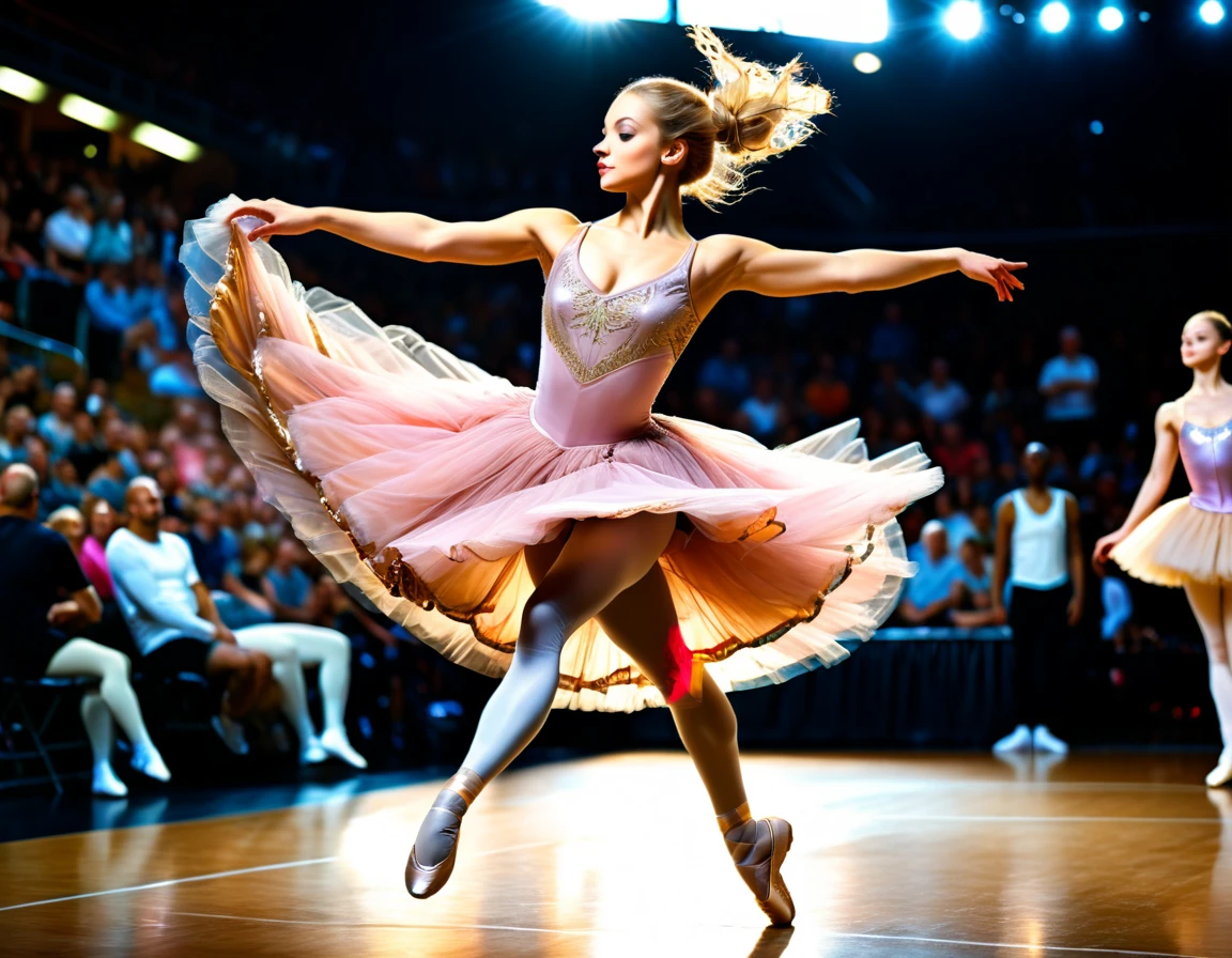 Arafed a sports capture picture of a beautiful ((ballet dancer: 1.5)),  (dunking at a basketball game: 1.3) at a basketball game, an exotic beautiful ballet dancer, blond hair, long hair, dynamic eyes color, concentrated look, determined look, best detailed face, dynamic skin color, wearing ballet clothes and shoes, and dunking, ultra wide shot, photorealistic, vibrant, Ultra-high resolution, High Contrast, (masterpiece:1.5), highest quality, Best aesthetics), best details, best quality, highres, ultra wide angle, 16k, [ultra detailed], masterpiece, best quality, (extremely detailed),