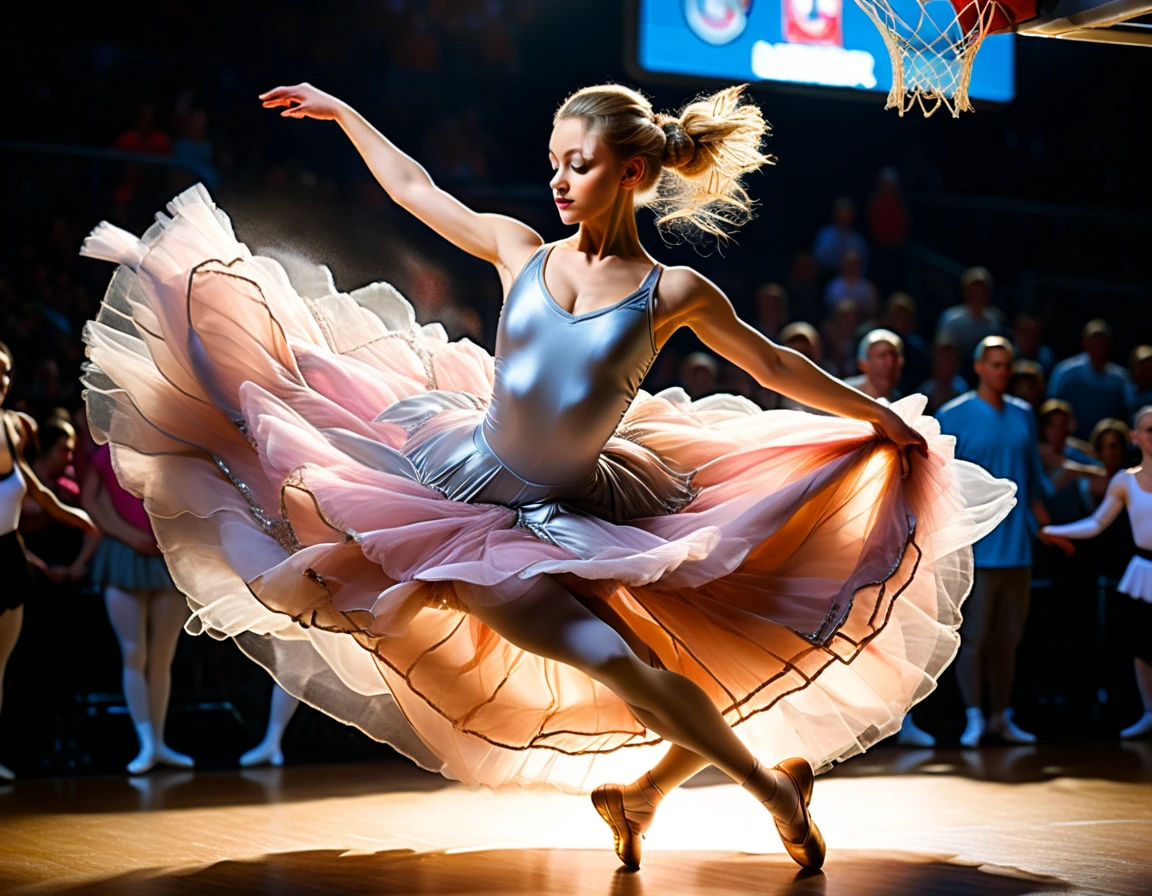Arafed a sports capture picture of a beautiful ((ballet dancer: 1.5)),  (dunking at a basketball game: 1.3) at a basketball game, an exotic beautiful ballet dancer, blond hair, long hair, dynamic eyes color, concentrated look, determined look, best detailed face, dynamic skin color, wearing ballet clothes and shoes, and dunking, ultra wide shot, photorealistic, vibrant, Ultra-high resolution, High Contrast, (masterpiece:1.5), highest quality, Best aesthetics), best details, best quality, highres, ultra wide angle, 16k, [ultra detailed], masterpiece, best quality, (extremely detailed),