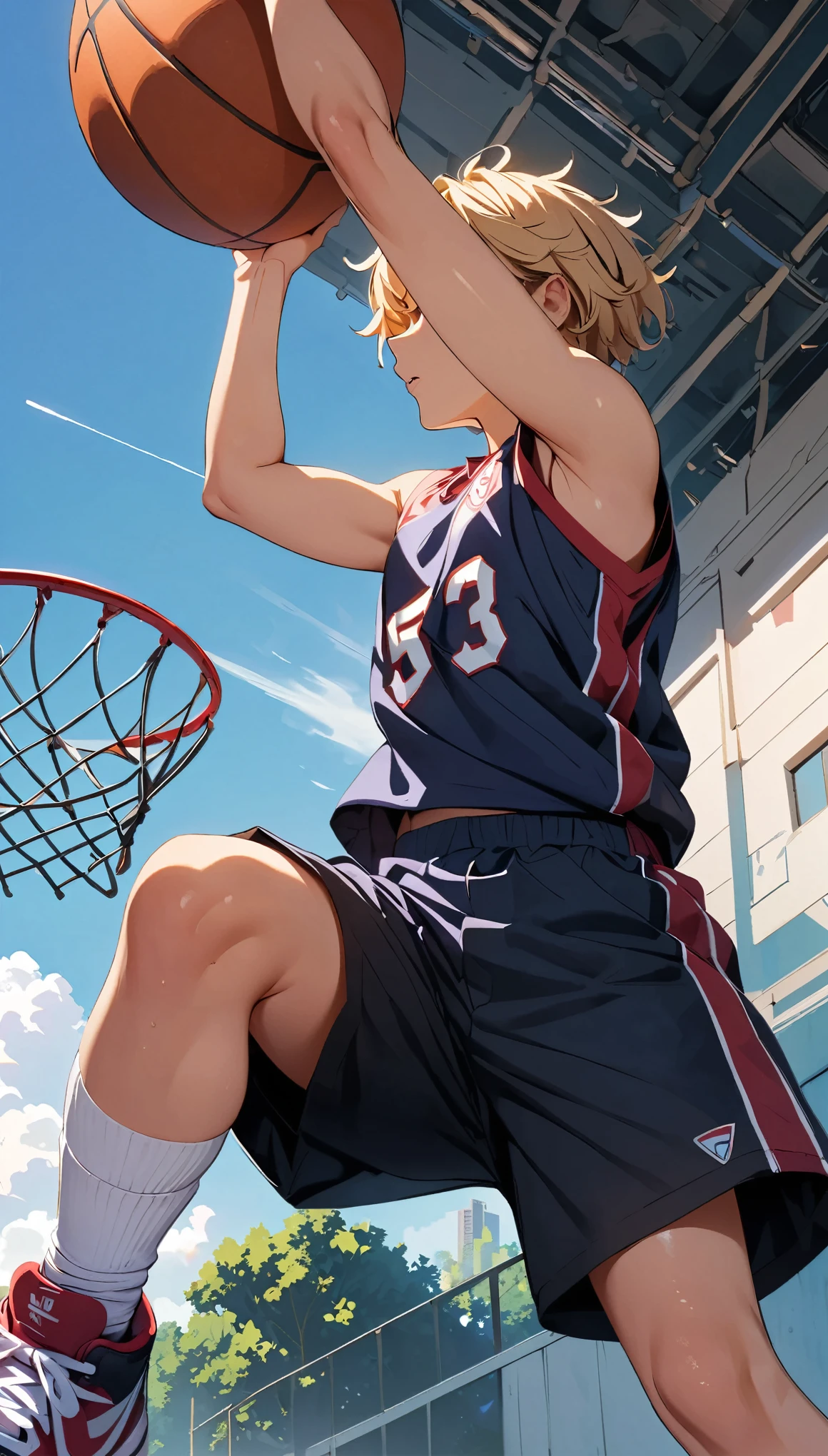 (A boy playing an intense game on a basketball court。In the midst of all this, I jumped high, cutting through the air.、A clear shot of a young boy making a dynamic dunk shot), A scene on the basketball court where boys are wiping sweat and taking a breather, (((Basketball player hanging from the goal ring:1.4))), The moment of the dunk shot, where you can feel the seriousness and powerful movement, (((A dynamic dunk shot pose:1.2))), Grab the ball with both hands and jump, Dynamic Angle, Natural light, ((Anime illustration)), (Highest quality:1.2, Very detailed, Ultra-high resolution, High Detail, masterpiece:1.2, Best aesthetics).