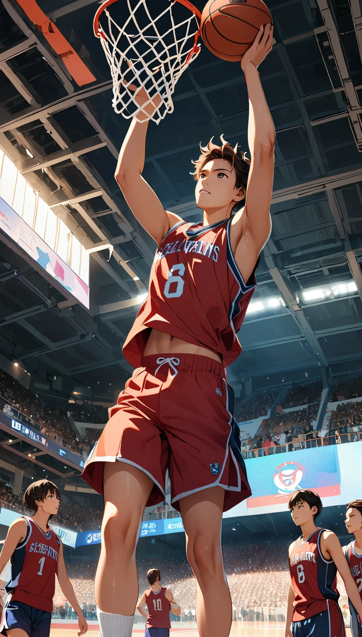 35mm camera lens，cool guy，athlete，basketball ball，Dunk，Jump up，detailedbackground，Asian Games，True skin texture，Smudge，Accurate facial features，dynamic blur，super-fine，ultra - detailed，high qulity，8K ，oc rendered，dynamic viewing angle，Hyper Real，Ultra photo realsisim