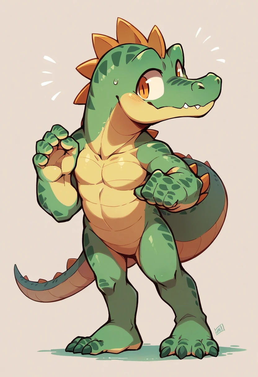 aligator hands and feet and an aligator tail, cute but big aligator head with a semi short snout, sorta big anime eyes, no hair. real alligator standing on two legs