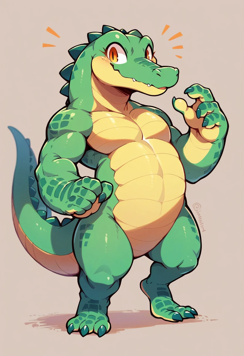 aligator hands and feet and an aligator tail, cute but big aligator head with a semi short snout, sorta big anime eyes, no hair. real alligator standing on two legs