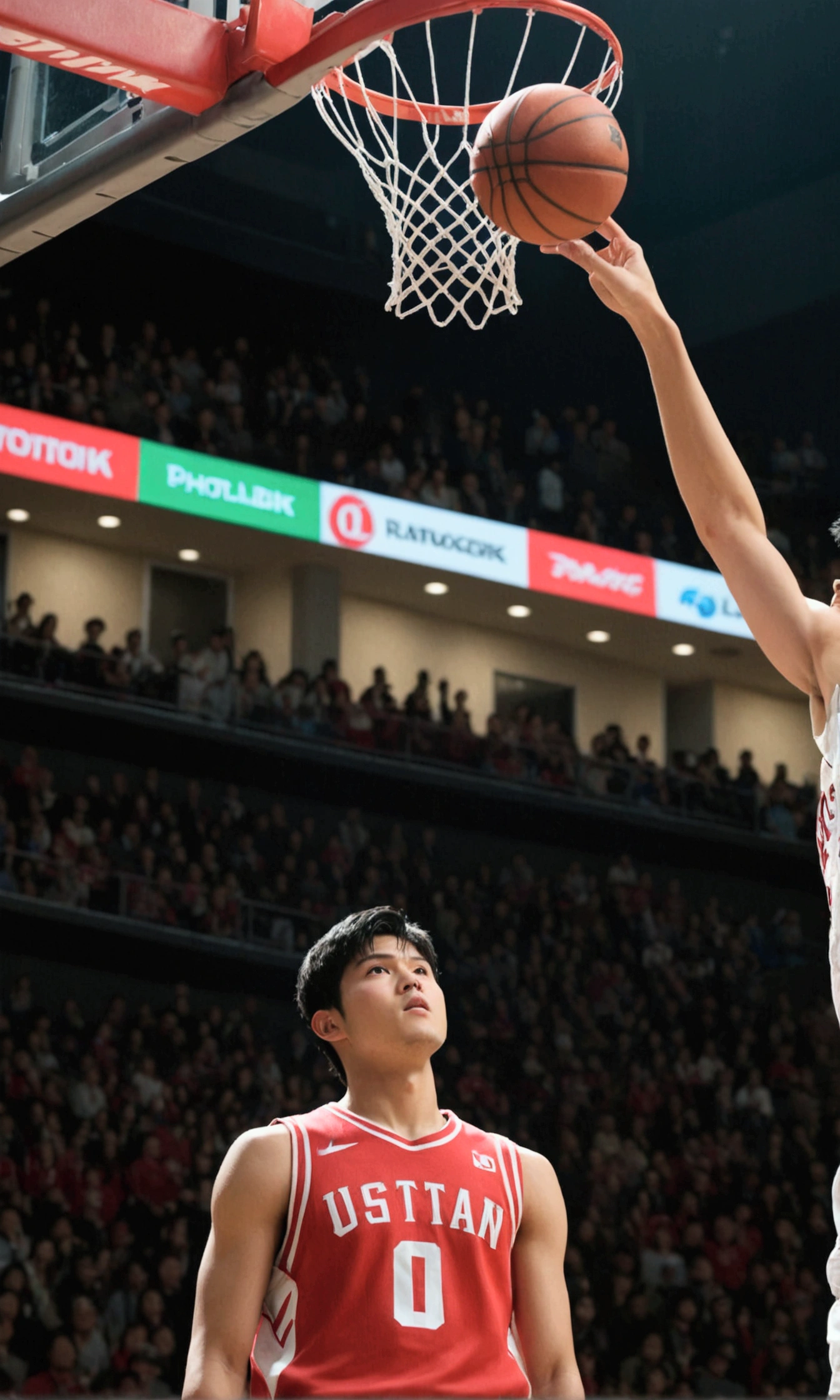 1boy, Shohei Ohtani, basketball player, dunk shoot, from below, cinematic angle, audience well up, detailed facial features, realistic, hyper-realistic, photorealistic, (best quality,4k,8k,highres,masterpiece:1.2),ultra-detailed,(realistic,photorealistic,photo-realistic:1.37),studio lighting,vivid colors,dramatic lighting,