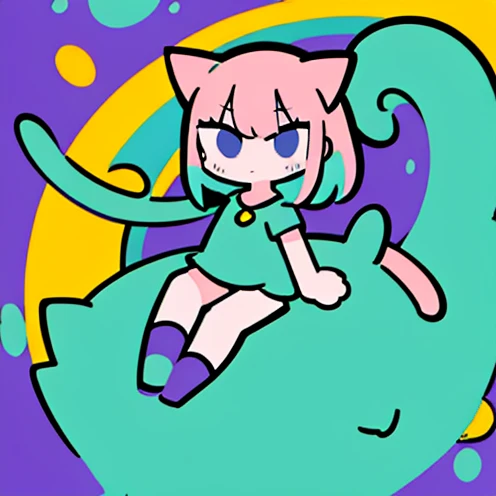 Catの顔面アップ, children's book illustration style, high quality, Vector art, (Very detailed,Ultra-high resolution,Detailed Background),((2D)),((Flat Color))),(colorful)),((Floating colorful Water)),,1 girl,alone,Watch Viewer,Benjamin,Catの擬人化,Cat