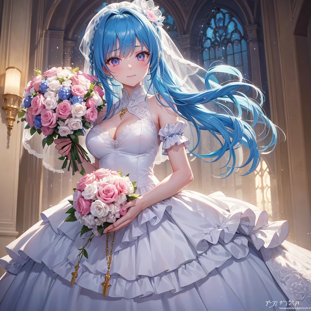 Sky blue hair, (Braided Ponytail),(Pink Eyes),Fair skin ,(whole body),(One Girl),bride,Big smile,Straight bangs,A dignified figure、 6月のbride,Wedding dress,(masterpiece, Highest quality, Very detailed, Best Shadow), (Detailed Background), (Beautifully detailed face), High Contrast, (Best lighting, Very delicate and beautiful), ((Cinematic Light)), colorful, Hyper Detail, Dramatic Light, Intricate details,Chapel background,Bouquet of roses,Ring on left ring finger,