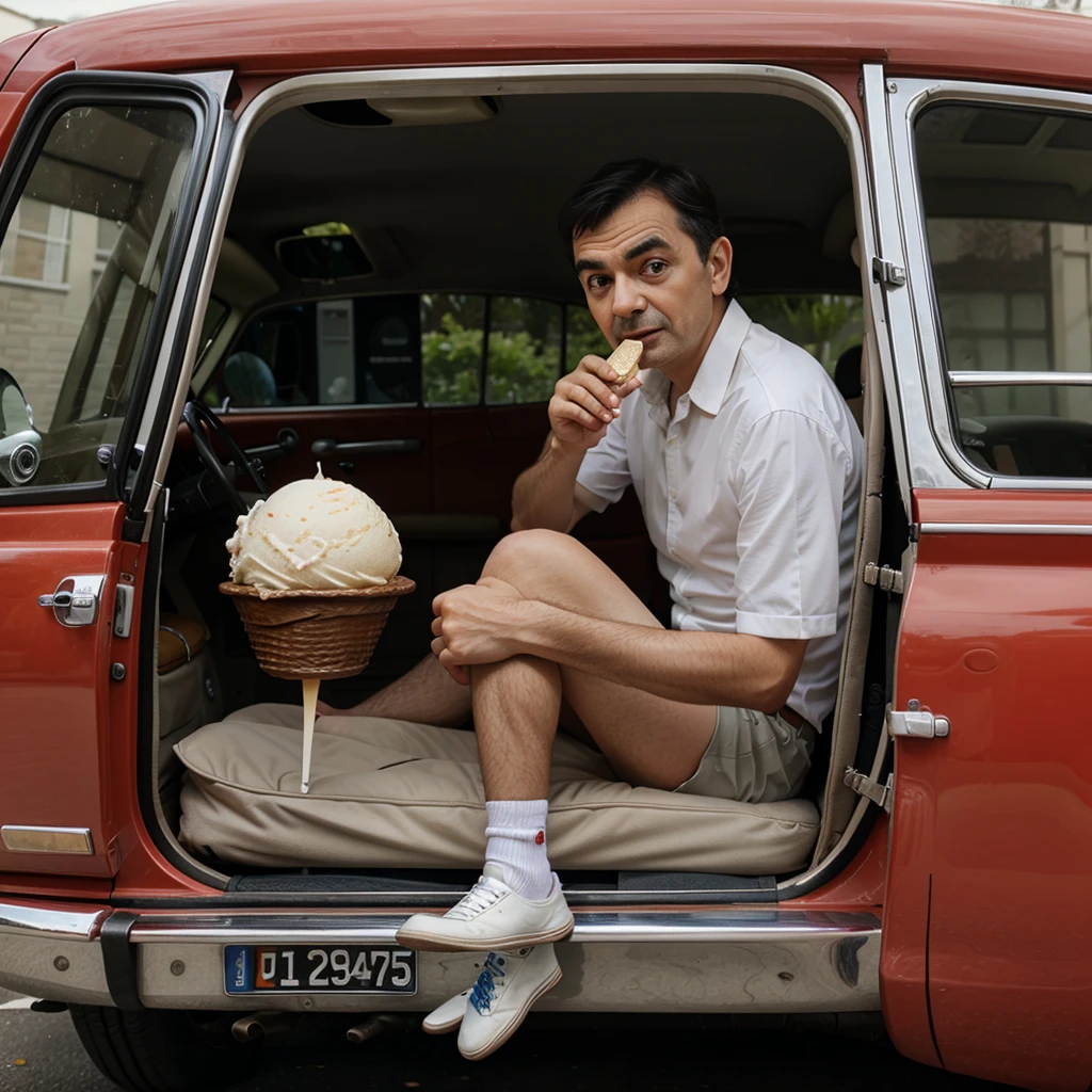 Mr bean on the classic car eating ice cream 