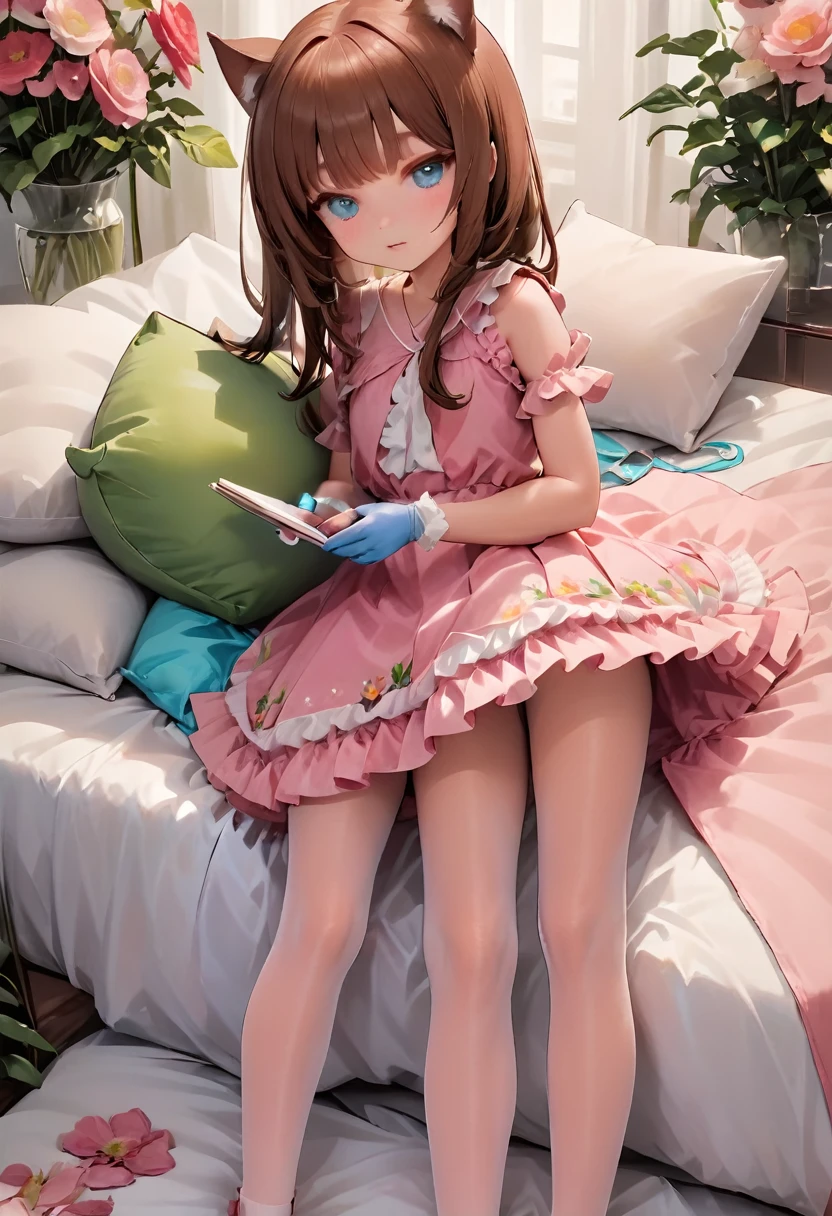 (Style-Princess) (1 man, 1 catgirl) (hetero, couple) (crossdressing, fully clothed) (brown hair, blue eyes) (portrait) (women's clothes only) (women's beautifully feminine skintight velvet floral print frilly girly pink adorable ballet leotards) (white opaque tights, no shoes) (tiaras, pink shoulder-length silk gloves:1.3) (woman's bedroom, four-poster bed) (lying down, hugging, bending knee) (intimacy, playfulness, closeness)