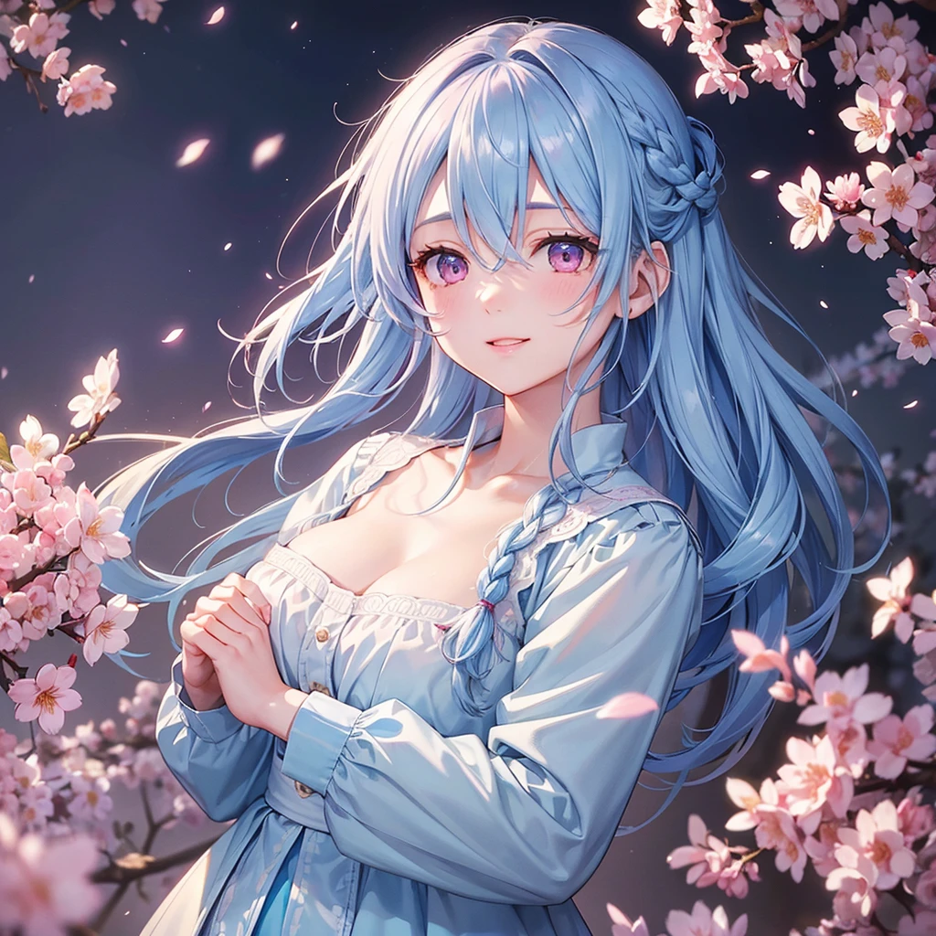 (Light blue medium hair),(Braided hair tied together)、Pink eyes、Fair skin、(whole body)、(uniform)、Cherry Blossoms at Night、A big smile、A dignified figure、solo、(masterpiece、Highest quality、Very detailed、Best Shadow)、(Detailed Background)、(Beautifully detailed face)、High contrast、(Best lighting、Very delicate and beautiful)、((Cinematic Light))、colorful、Hyper Detail、Dramatic Light、Exquisite detail、