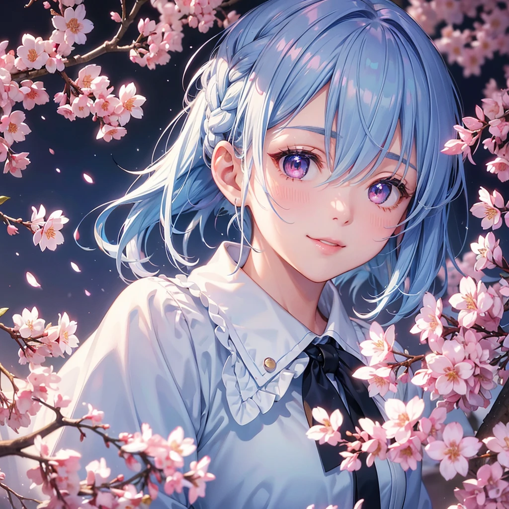 (Light blue medium hair),(Braided hair tied together)、Pink eyes、Fair skin、(whole body)、(uniform)、Cherry Blossoms at Night、A big smile、A dignified figure、solo、(masterpiece、Highest quality、Very detailed、Best Shadow)、(Detailed Background)、(Beautifully detailed face)、High contrast、(Best lighting、Very delicate and beautiful)、((Cinematic Light))、colorful、Hyper Detail、Dramatic Light、Exquisite detail、